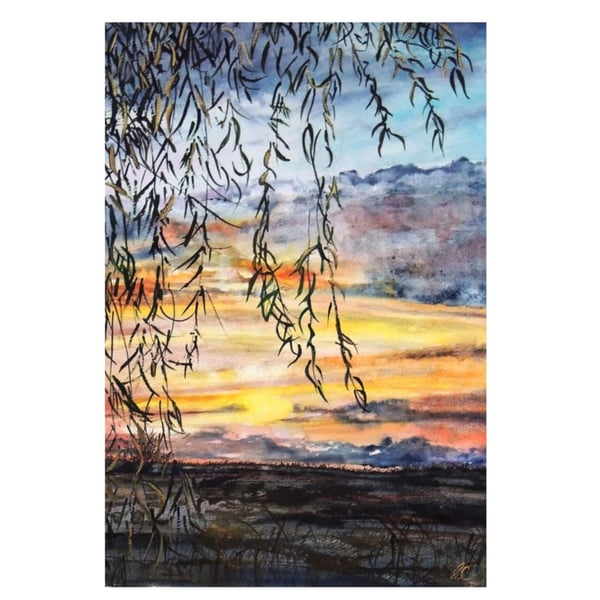  'Autumn Sunset'  The Fens Watercolour Original Landscape Painting 