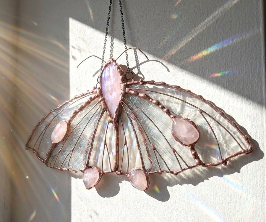 Stained Glass Rose Quartz Moon Moth  Suncatcher Window Ornament