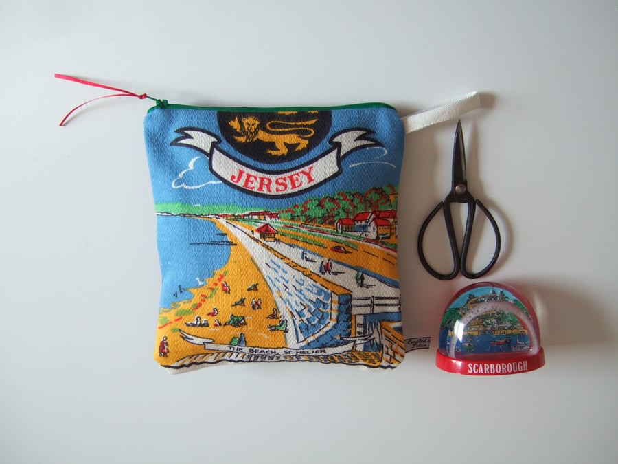  St. Helier Jersey. Vintage teatowel pouch, makeup, purse or toiletries bag.