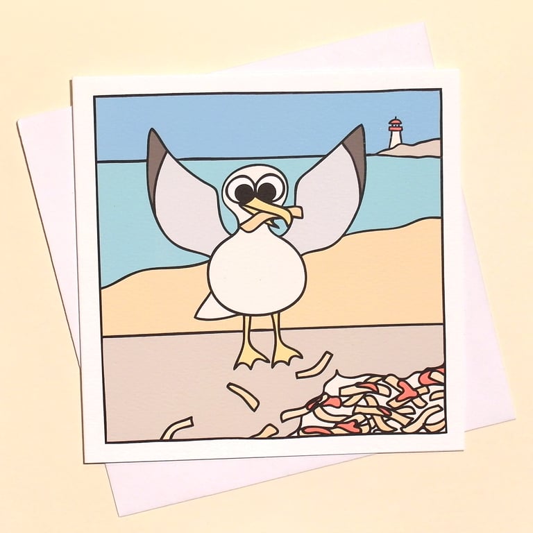 Seagull Birthday Card - seaside scene of 'happy birdy' gull with chips Q-HBS