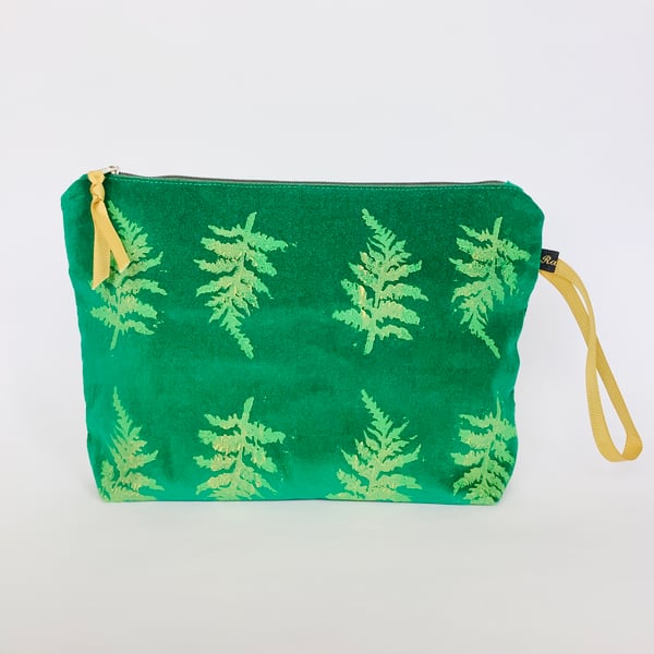  Velvet Makeup Bag - emerald green with fern motif