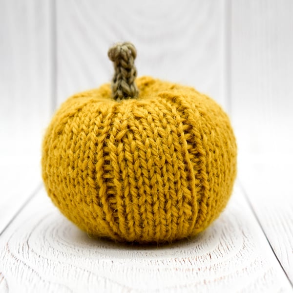 Hand knitted pumpkin pin cushion ochre yellow and Grey