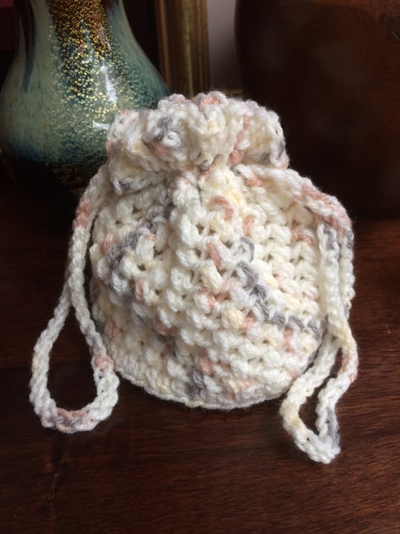 Hand Crocheted Cream Peach Grey Drawstring Bag Handbag by Poppy Kay