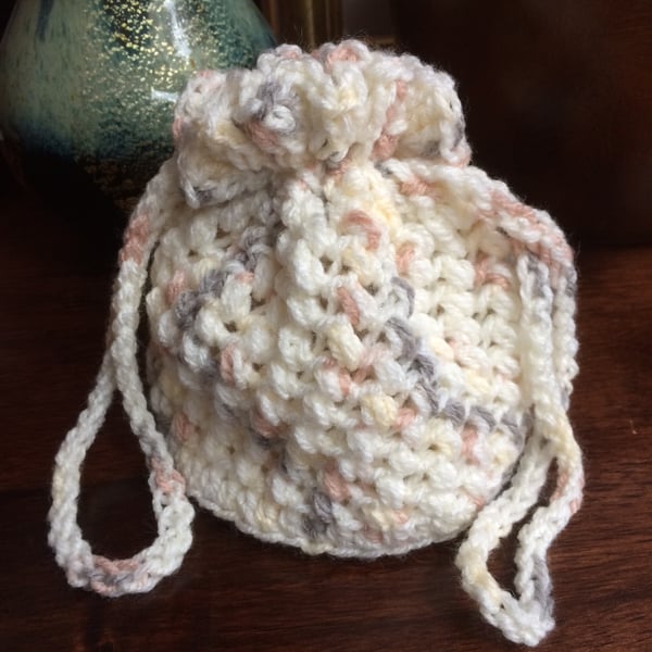 Hand Crocheted Cream Peach Grey Drawstring Bag Handbag by Poppy Kay