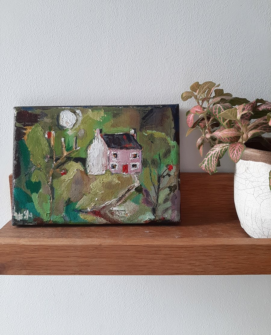 The Little Pink House - an original painting of a Devon cottage with a red door