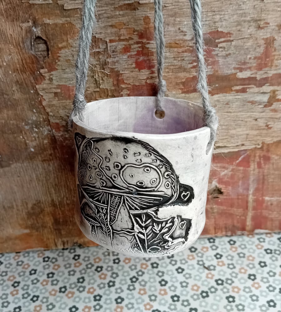toadstool watercolour handmade plant pot ceramic pottery stoneware, hanging plan