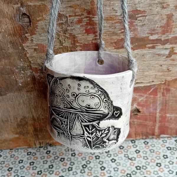 toadstool watercolour handmade plant pot ceramic pottery stoneware, hanging plan