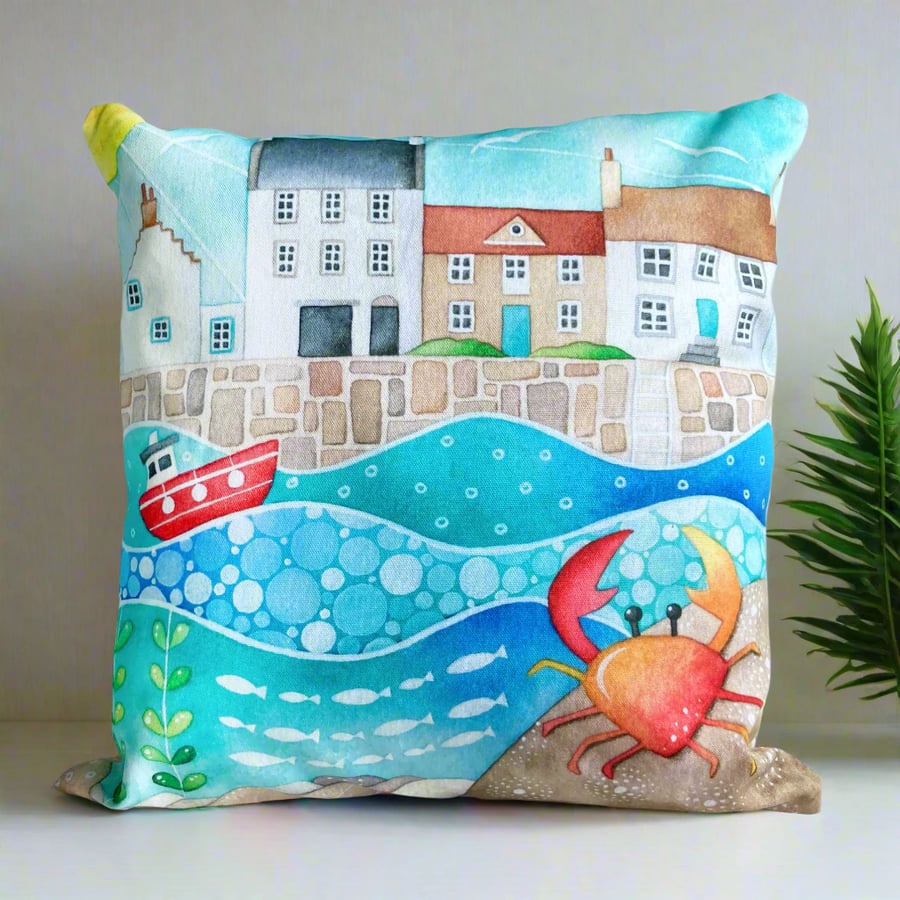 Crab Cushion Cover - Crail Fishing Harbour - Cute Seaside Art. Coastal Decor