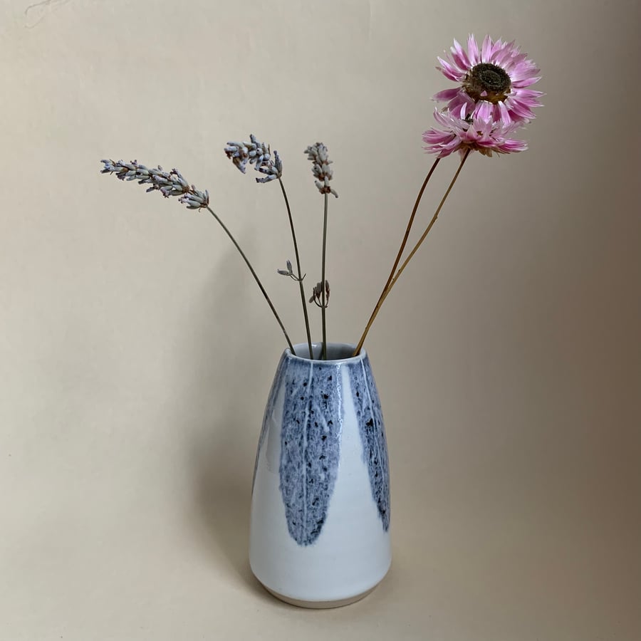 Small Bud Vase, White with Blue Brushstroke Decoration 