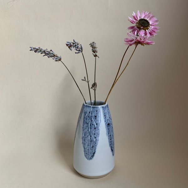 Small Bud Vase, White with Blue Brushstroke Decoration 