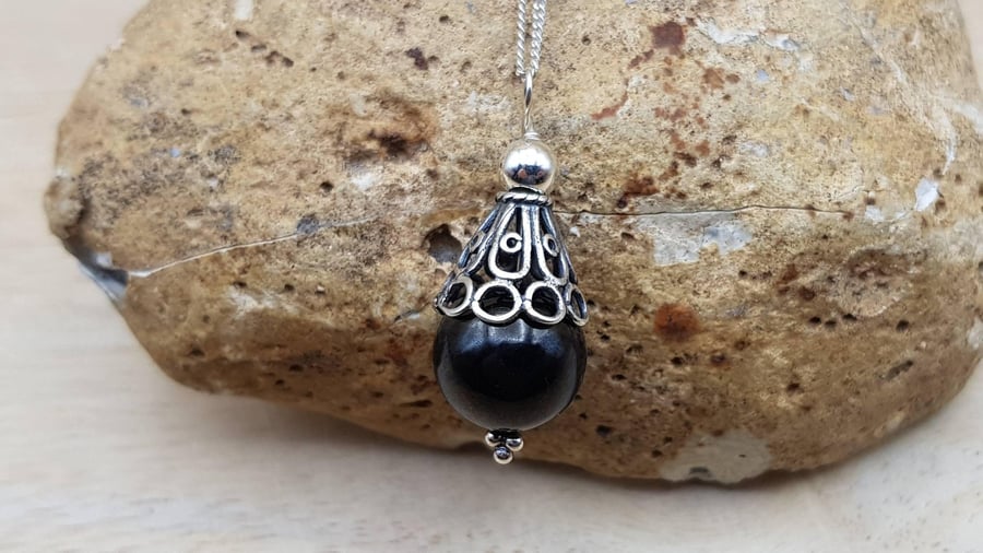 Small Black Jet cone pendant. Reiki jewelry uk.