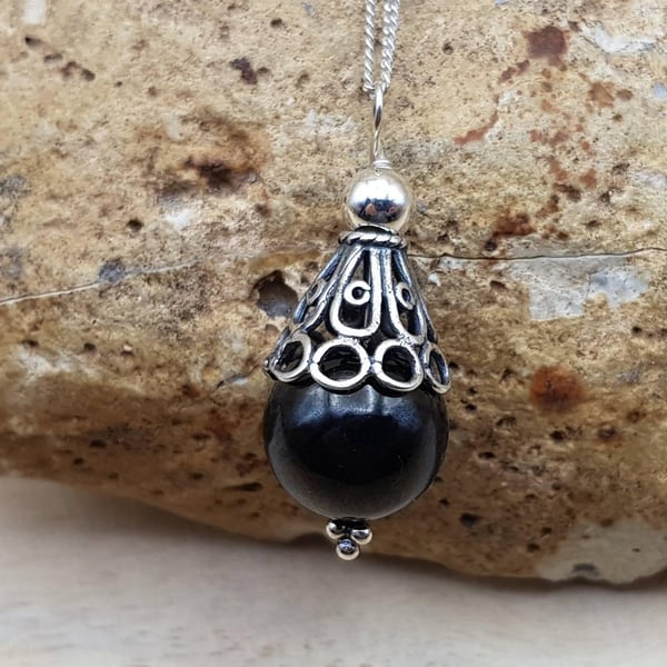 Small Black Jet cone pendant. Reiki jewelry uk.