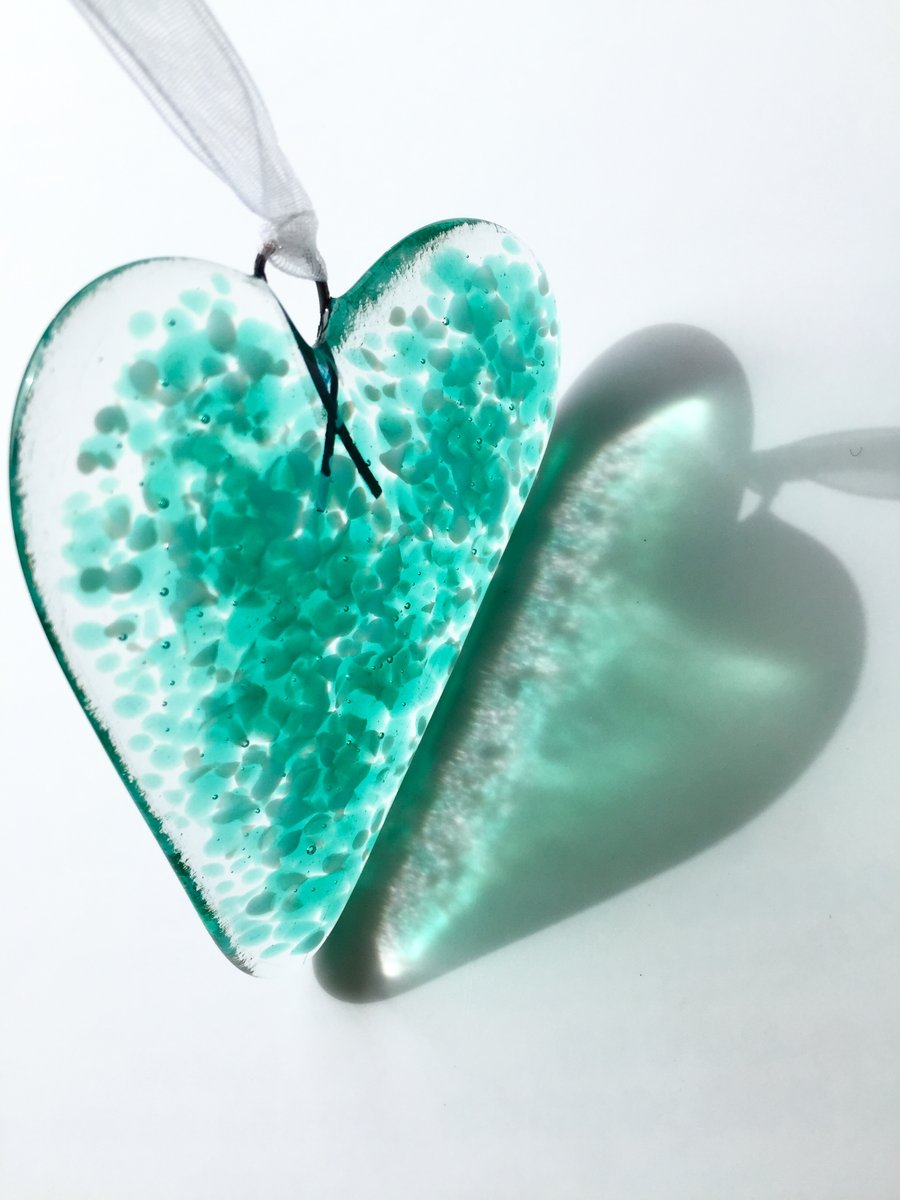 Fused Glass Emerald & Pale Blue Heart