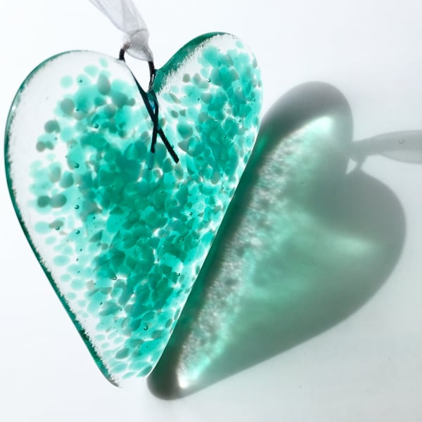 Fused Glass Emerald & Pale Blue Heart