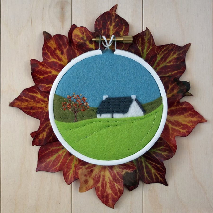 Autumn Landscape with Crofter's Cottage Scottish Textile Art Embroidery Hoop Art