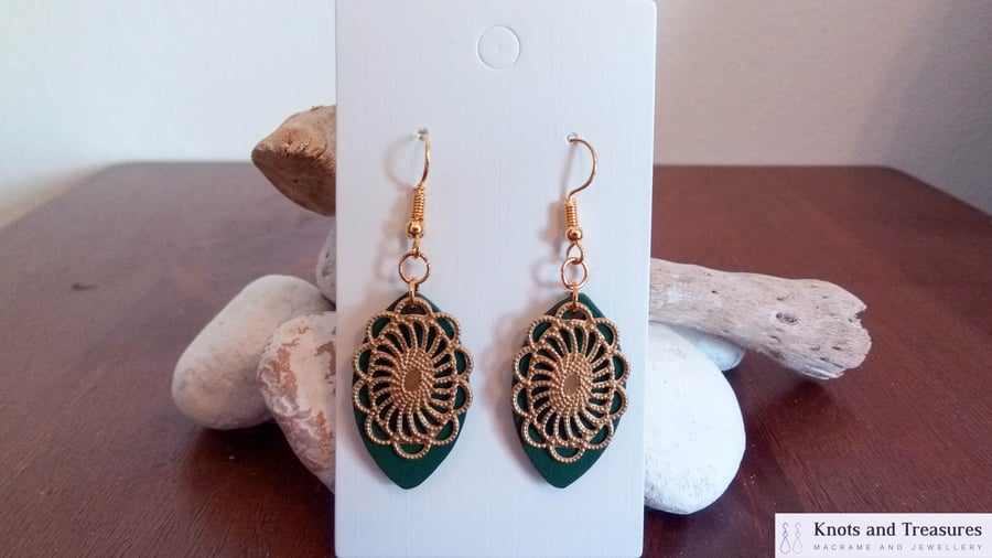 Wooden Green Leaf and Gold Dangle Earrings