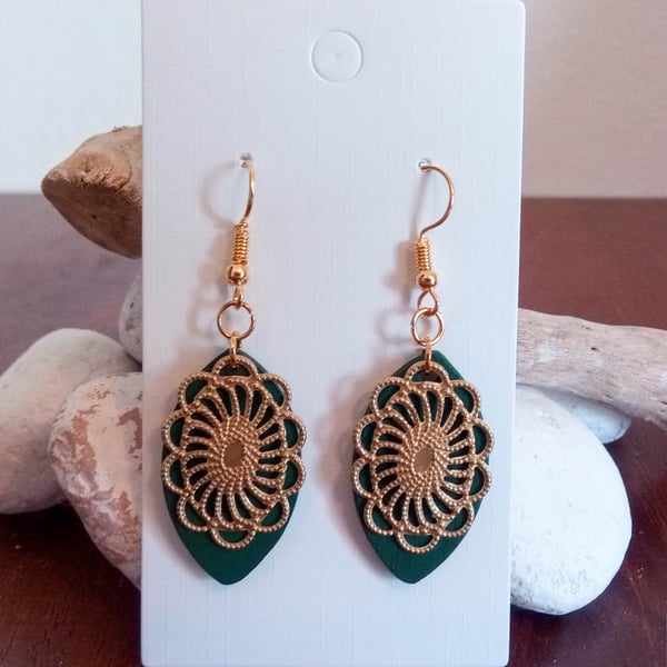 Wooden Green Leaf and Gold Dangle Earrings