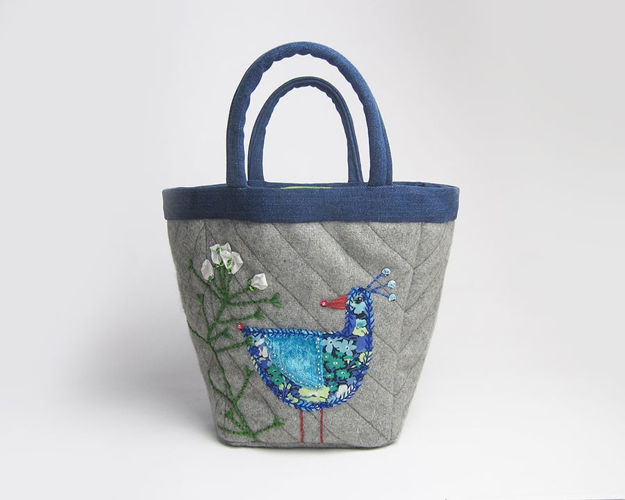 Grey project bag with appliqué bird