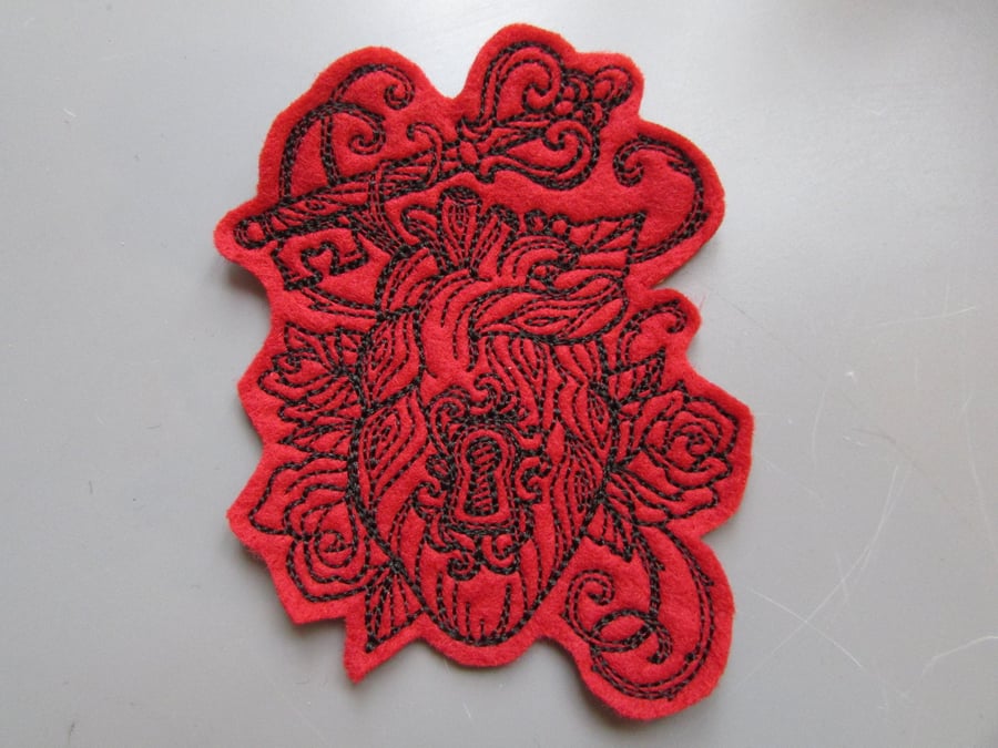 Heart with Key Embroidered Sew on Applique Patch