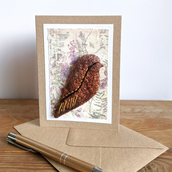 Brooch on a card - felted bird in brown and copper