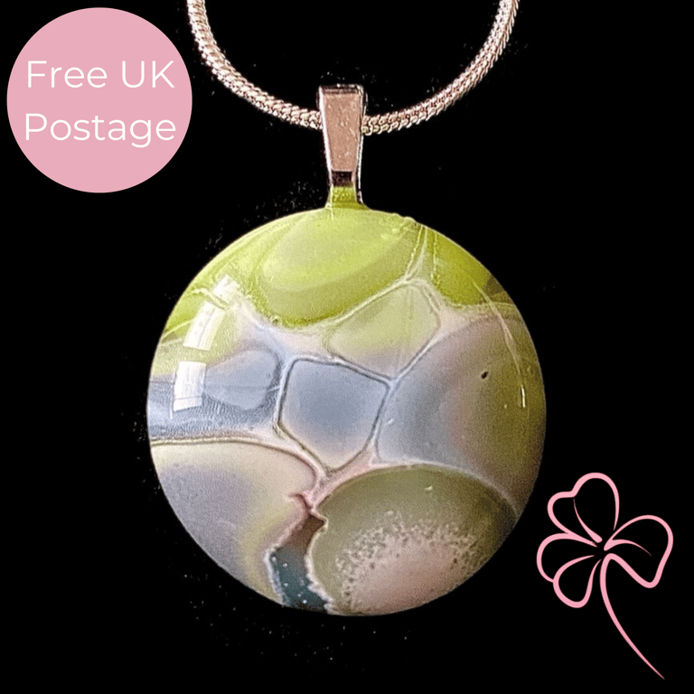 Green & Blue Bubbles Fused Glass Pendant Necklace 