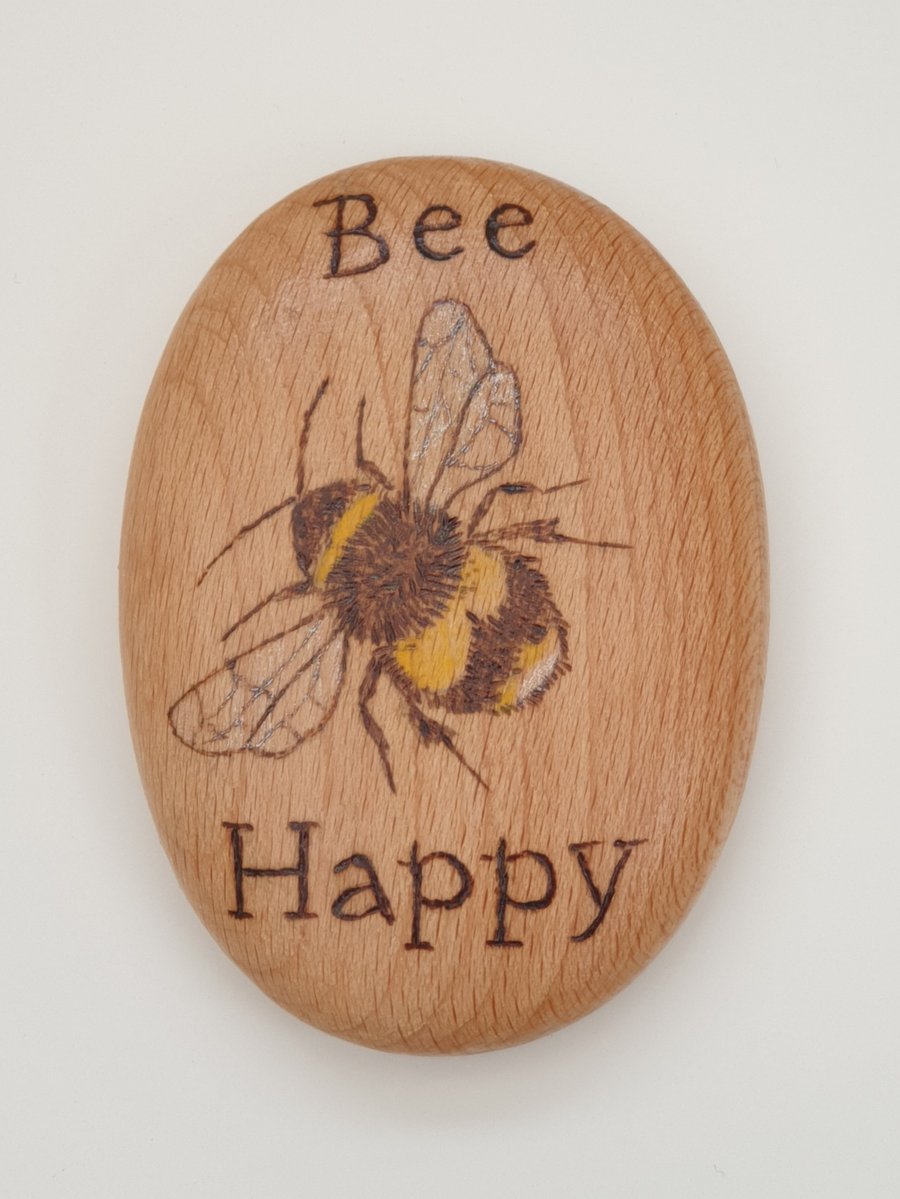 Pyrography bee happy wooden pebble decoration, gift for bee lover