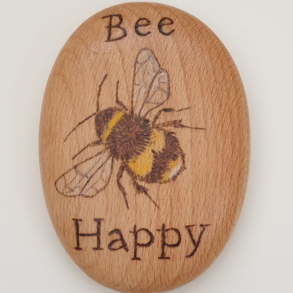 Pyrography bee happy wooden pebble decoration, gift for bee lover