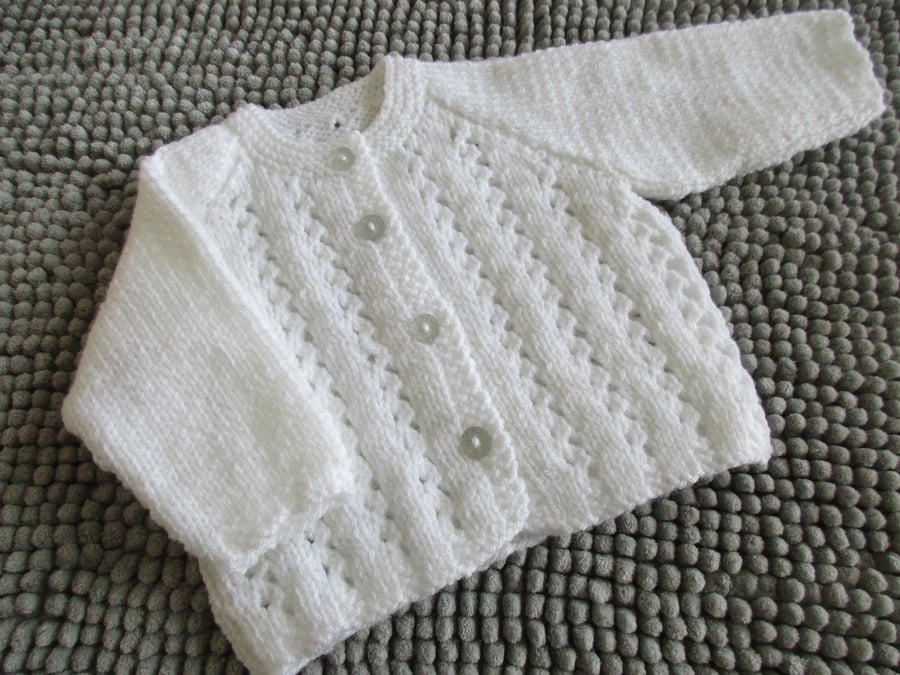 14" Newborn Round Neck Lacey Striped Cardigan (White)