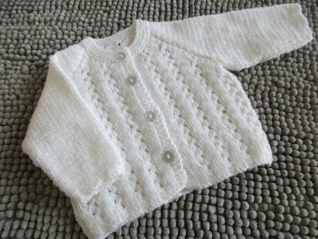 14" Newborn Round Neck Lacey Striped Cardigan (White)