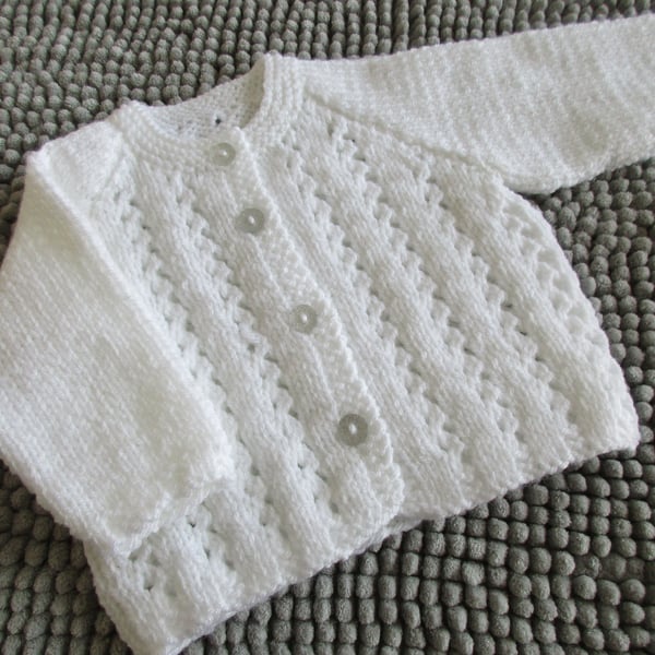 14" Newborn Round Neck Lacey Striped Cardigan (White)