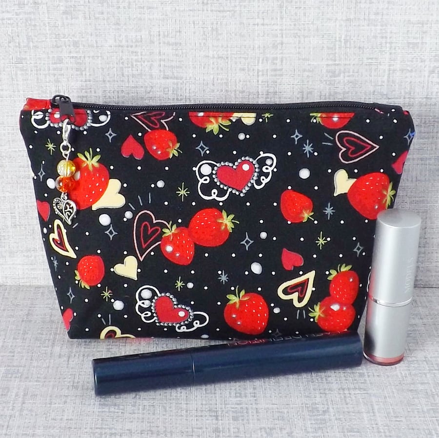 Makeup bag, zipped pouch, cosmetic bag, strawberries & hearts