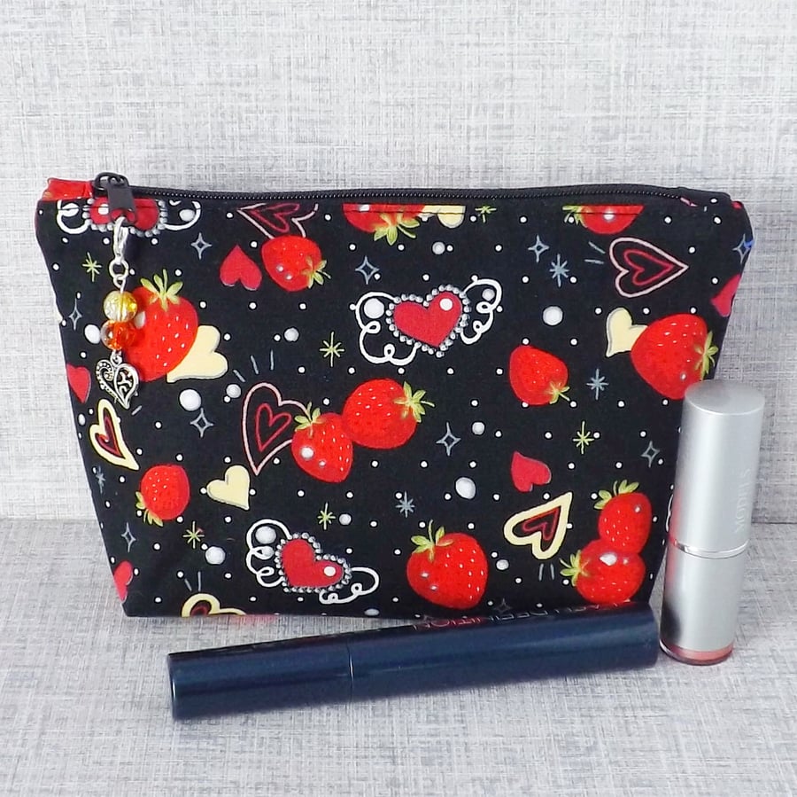 Makeup bag, zipped pouch, strawberries & hearts