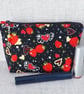 Make up bag, zipped pouch, strawberries & hearts - Image 1
