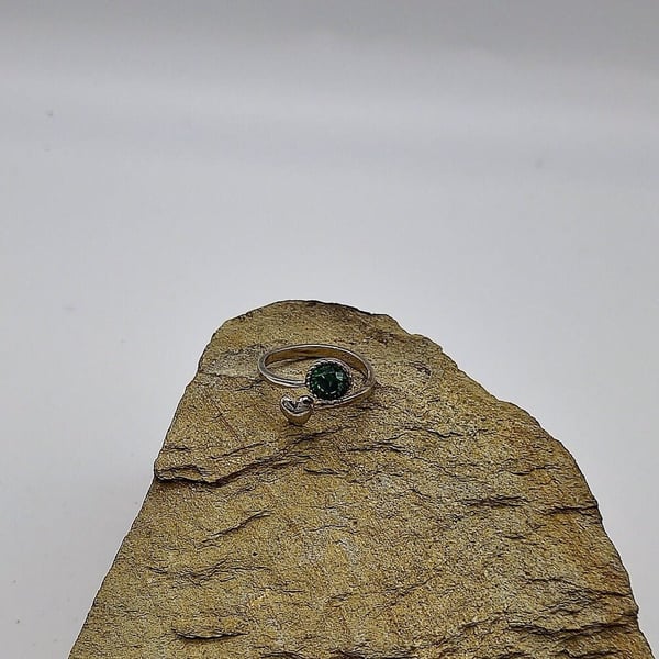 Sterling Silver Ring Adjustable Love Heart with Green Gemstone