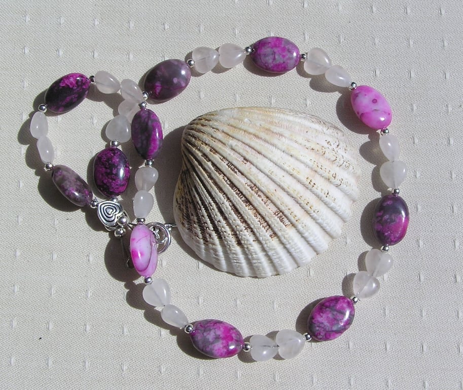 Pink Rhodonite & Rose Quartz Heart Gemstone Statement Necklace "Rose Heart"