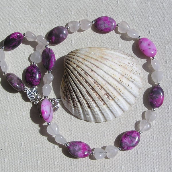 Pink Rhodonite & Rose Quartz Heart Gemstone Statement Necklace "Rose Heart"