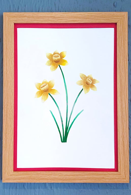 Genuine Made in UK Framed A3 Print Yellow Daffodils Vibrant Red Border Wallart