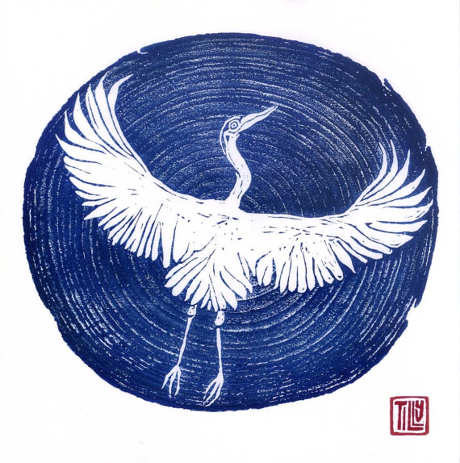 Heron card, woodcut print