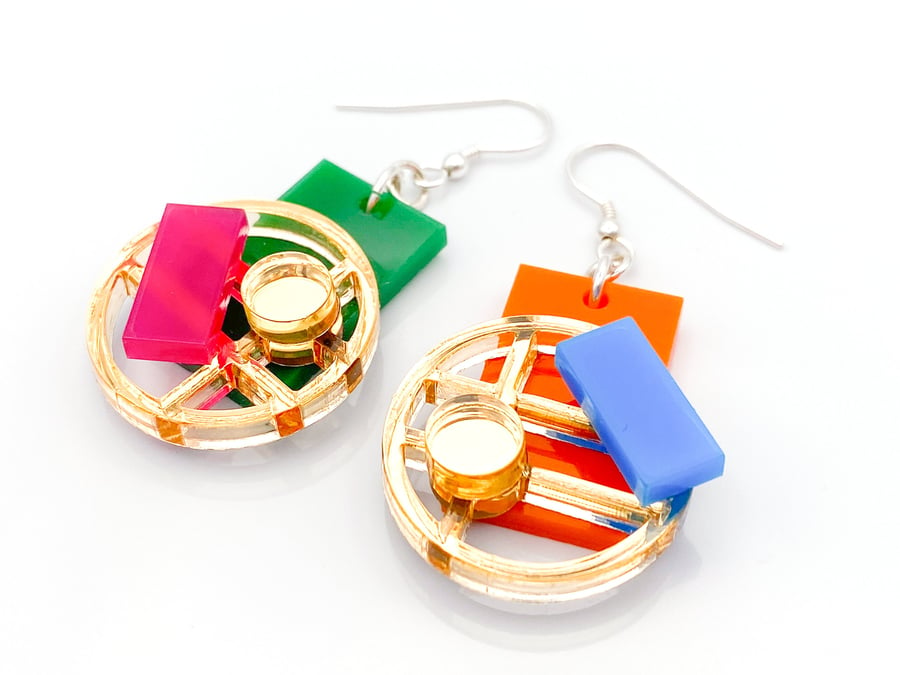 Colourful Gold Maximalist Circular Earrings - Retro 90s Geometric Design