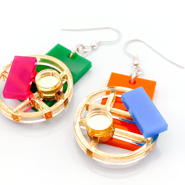 Colourful Gold Maximalist Circular Earrings - Retro 90s Geometric Design