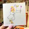 Roller Skating Bird with Flowers Screenprinted Card
