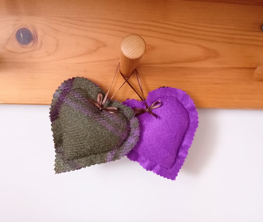 Handmade reversible tweed hanging heart decorations 