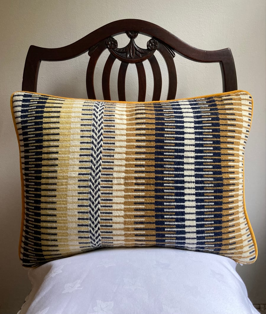Rosanna cushion: Golden & Midnight Blue. Handwoven in Wales