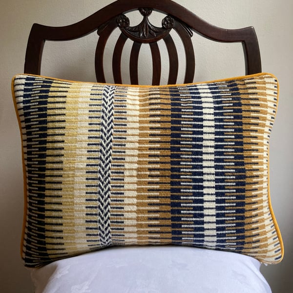 Rosanna cushion: Golden & Midnight Blue. Handwoven in Wales