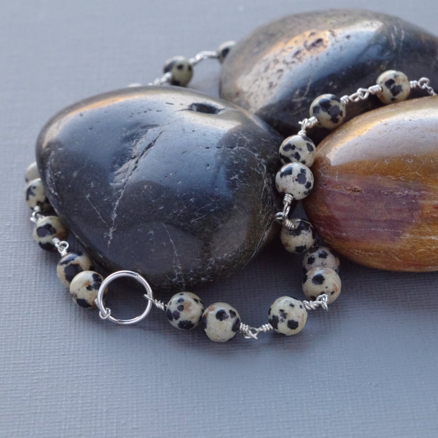 Black and White Spotty Dalmatian Jasper Stone and Sterling Silver Karma Necklace