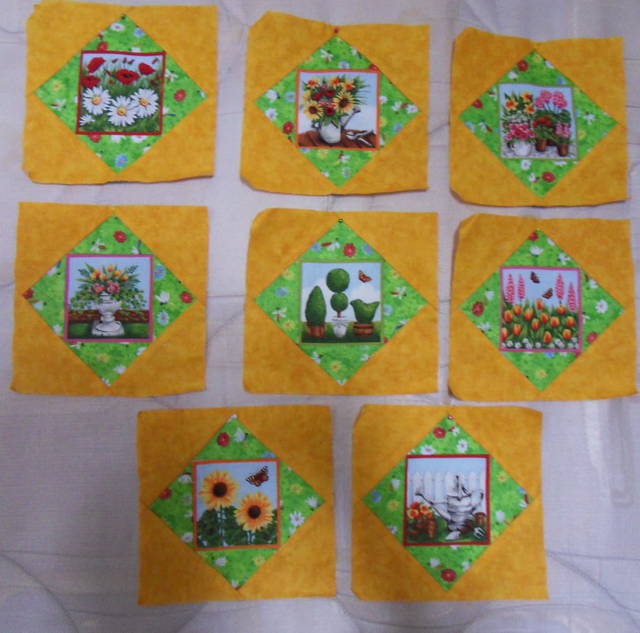 Homemade 8 yellow springtime quilt blocks. 6 half inch square. 100% cotton
