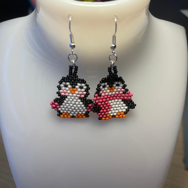 Handmade Seed Bead Penguin Earrings - Choice of Scarf and Glove Colour