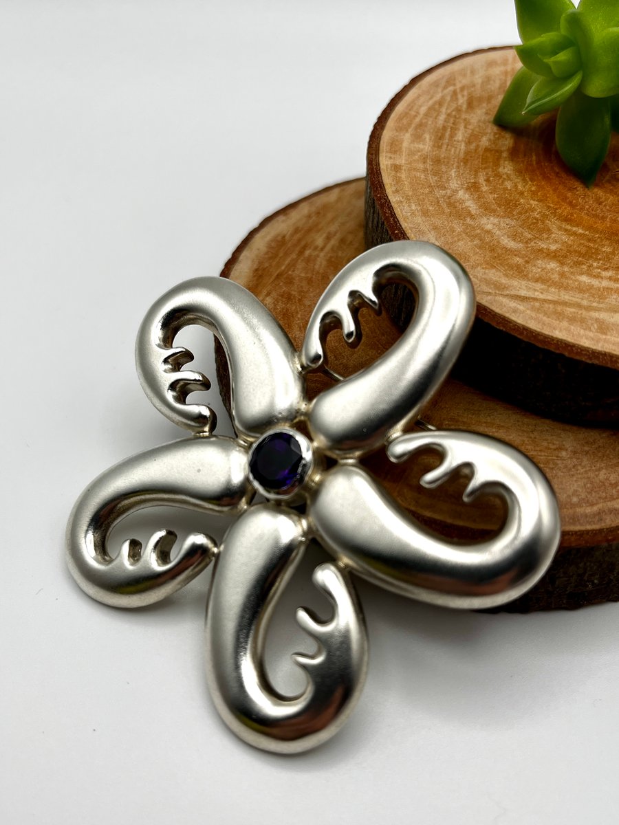 Sterling Silver Chunky Large Flower Biomorphic Abstract Brooch