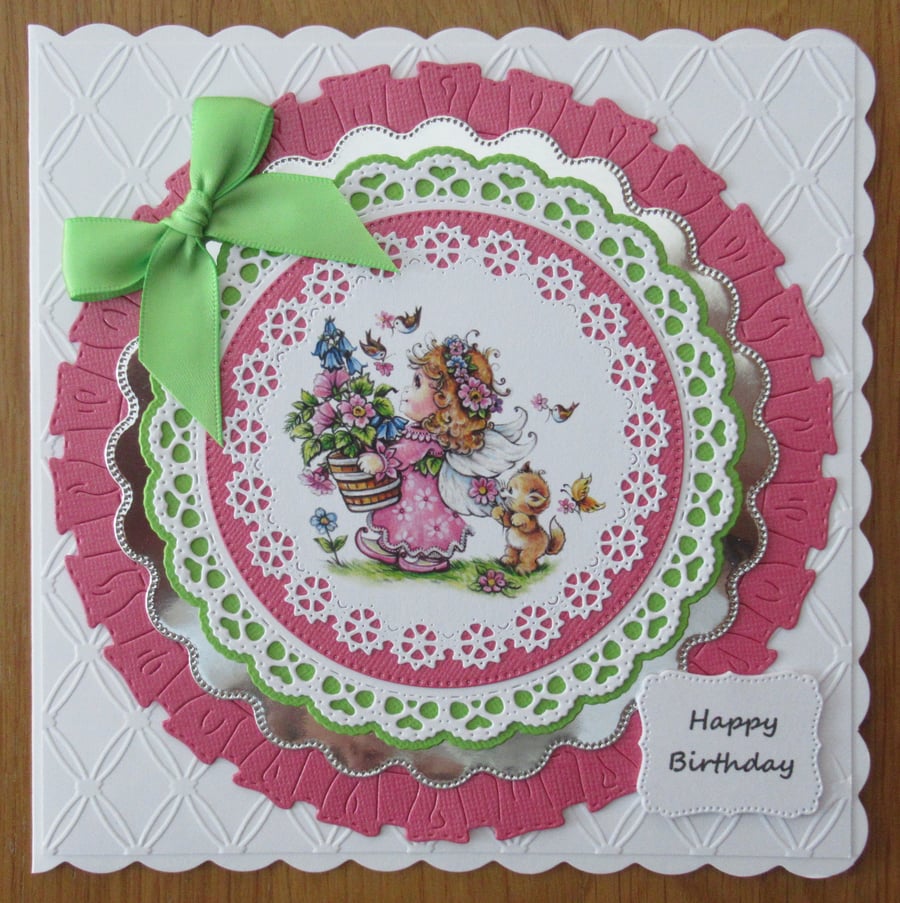 7x7" Young Fairy With Flowers - Birthday Card