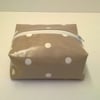 Oilcloth make up bag, box style, white zip, beige, cream spots,  wipe clean, new